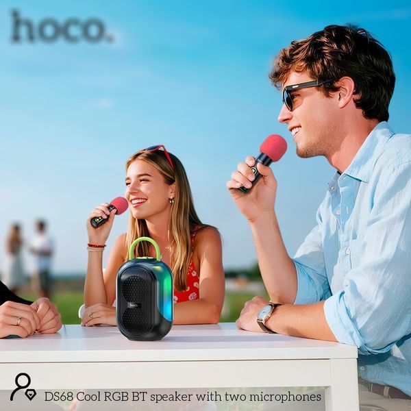 Акустика караоке колонка HOCO Cool RGB BT speaker with 2 microphones DS68 |BT6.0/TF, 5Wx2 11168-68 фото