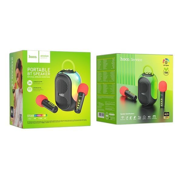 Акустика караоке колонка HOCO Cool RGB BT speaker with 2 microphones DS68 |BT6.0/TF, 5Wx2 11168-68 фото