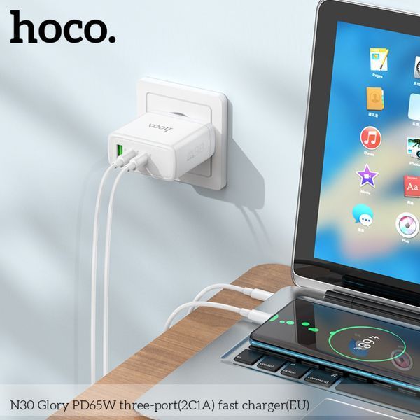 Сетевое зарядное устройство Hoco N30 Glory PD65W (2Type-C/1USB) + Type-C to Type-C tru 100-N30 фото