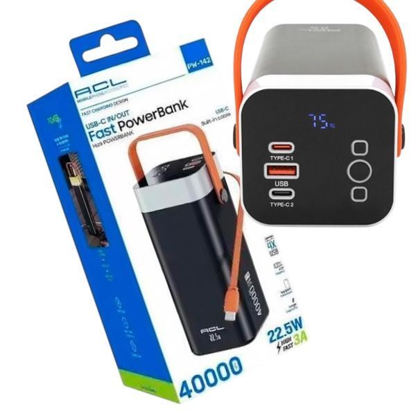 Мощный портативный Power Bank 400000 мАч ACL 22.5w PW-142 с фонариком и встроенным USB-C кабелем 11-142 фото