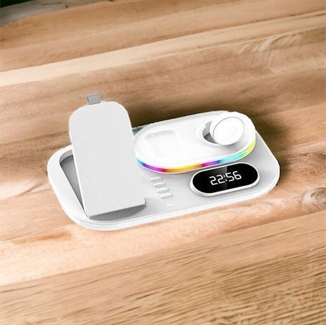 Зарядка Qi 4in1 wireless charger RGB / Clock JYD-WC124 |30W Total, Phone/Watch/Earphones 100-c124 фото