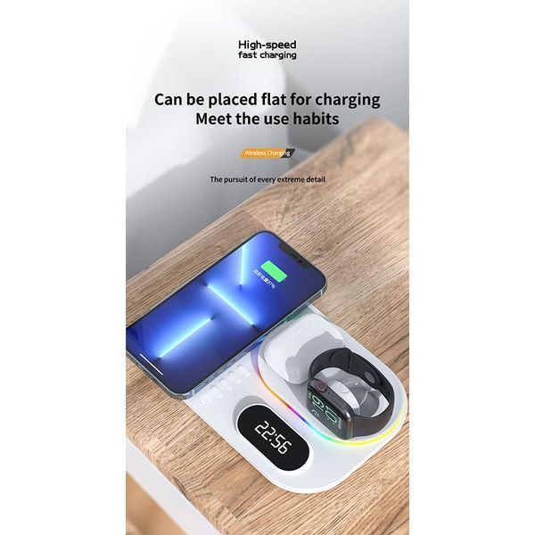 Зарядка Qi 4in1 wireless charger RGB / Clock JYD-WC124 |30W Total, Phone/Watch/Earphones 100-c124 фото