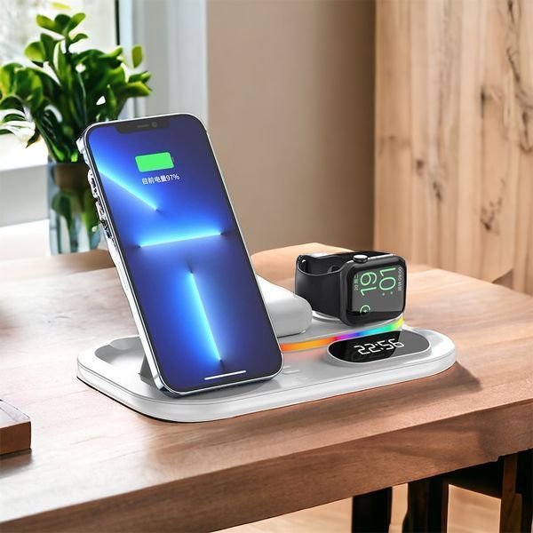 Зарядка Qi 4in1 wireless charger RGB / Clock JYD-WC124 |30W Total, Phone/Watch/Earphones 100-c124 фото