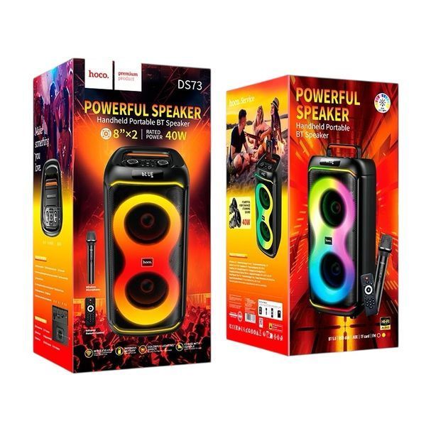Портативная акустическая система караоке колонка&nbsp;HOCO Sound outdoor RGB BT speaker with single microphone DS73 | BT5.0, FM/USB/AUX/TF, 40W 011173-73 фото