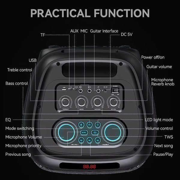 Портативна акустична система Bluetooth колонка караоке ZQS8280 з мікрофоном, пультом та RGB-підсвічуванням 60 Вт 2х8 1112180-8280 фото