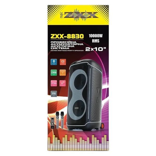 Акустична переносна караоке колонка з 2 мікрофонами ZXX-8830 80 Вт 2x10"&nbsp; 111218-8830 фото
