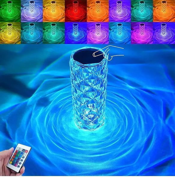 Настольная&nbsp;беспроводная лампа кристал &nbsp;ночник 22см rose diamond с rgb, Лампа ночник светодиодная 16 цветов сенсорная 100-3655 фото