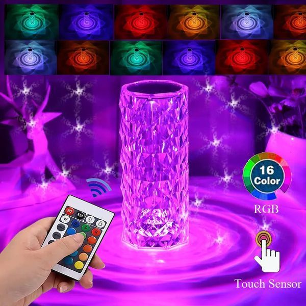 Настольная&nbsp;беспроводная лампа кристал &nbsp;ночник 22см rose diamond с rgb, Лампа ночник светодиодная 16 цветов сенсорная 100-3655 фото