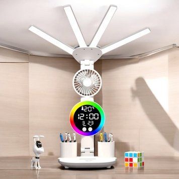Лампа настольная аккумуляторная c RGB подсветкой та вентилятором с часами, календарем, термометром 1100-1774 фото