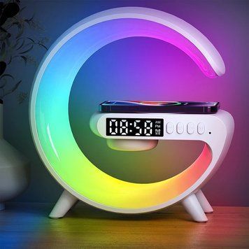 Ночник аккумуляторный RGB Mini G 63 с беспроводной зарядкой 15W и Bluetooth колонкой Настольная смарт лампа 100-G63 фото