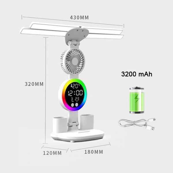 Лампа настільна акумуляторна з RGB підсвіткою та вентилятором, годинником, календарем, термометром 1100-1774 фото