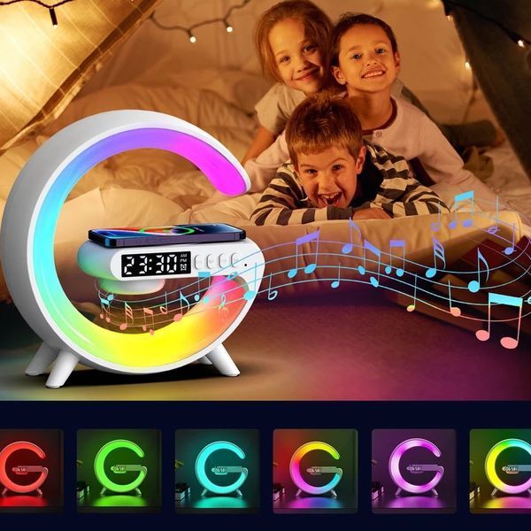 Ночник аккумуляторный RGB Mini G 63 с беспроводной зарядкой 15W и Bluetooth колонкой Настольная смарт лампа 100-G63 фото