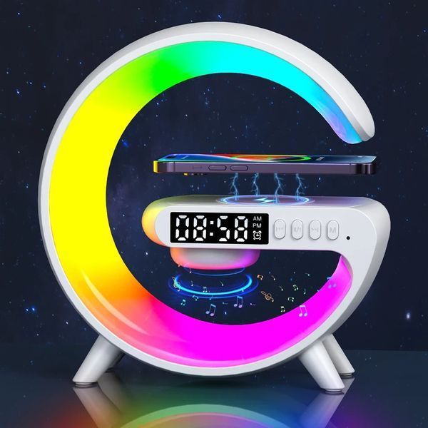Ночник аккумуляторный RGB Mini G 63 с беспроводной зарядкой 15W и Bluetooth колонкой Настольная смарт лампа 100-G63 фото