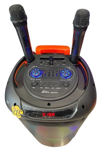 Аккумуляторная караоке колонка с 2 беспроводными микрофонами, пультом, USB, SD, FM, AUX, Bluetooth, RGB, ZQS10215 1115-10215 фото