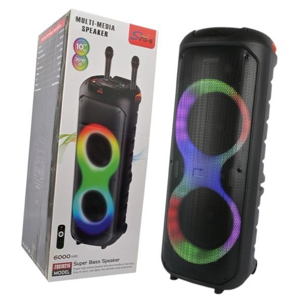 Аккумуляторная караоке колонка с 2 беспроводными микрофонами, пультом, USB, SD, FM, AUX, Bluetooth, RGB, ZQS10215 1115-10215 фото