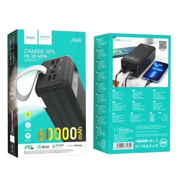 Мощный Повербанк HOCO J86B 60000mAh, Power Bank для телефона с мощным LED фонариком и быстрой зарядкой 100-J86B фото