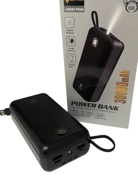 Power bank LENYES Повербанк Мощность 30000mAh 4USB/Type-C/Micro Быстрая зарядка Кабели зарядки 11211-368 фото