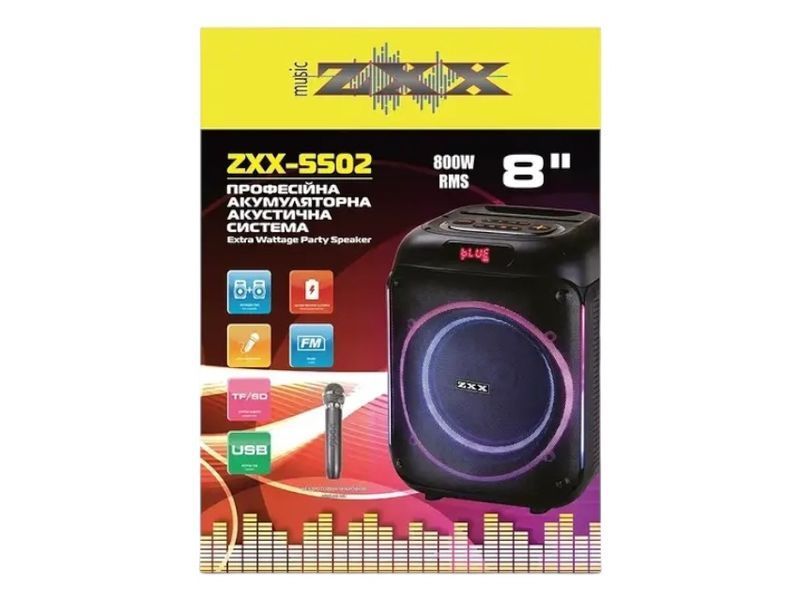 Портативна караоке колонка ZXX-5502, динамік 8", USB, TF, AUX та FM-радіо, Bluetooth, LED-підсвічування, Потужність 80 Вт&nbsp; 11155-5502 фото