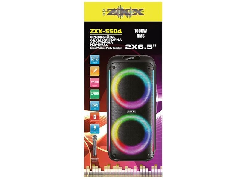 Акустическая переносная караоке колонка ZXX-5504 100Вт с двумя динамиками 6,5 TWS FM USB TF BT LED 111455-5504 фото