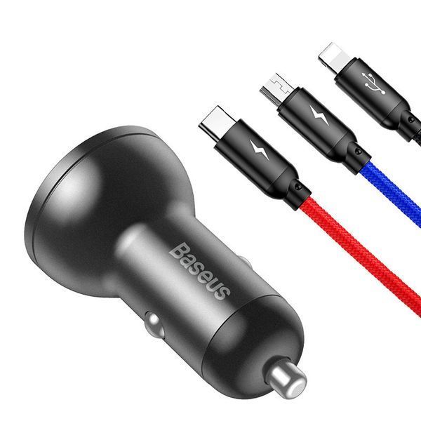 Адаптер автомобильный BASEUS Digital Display Dual |2USB, Lightning/Micro/Type-C cable, 4.8A, 24W 100-024W фото