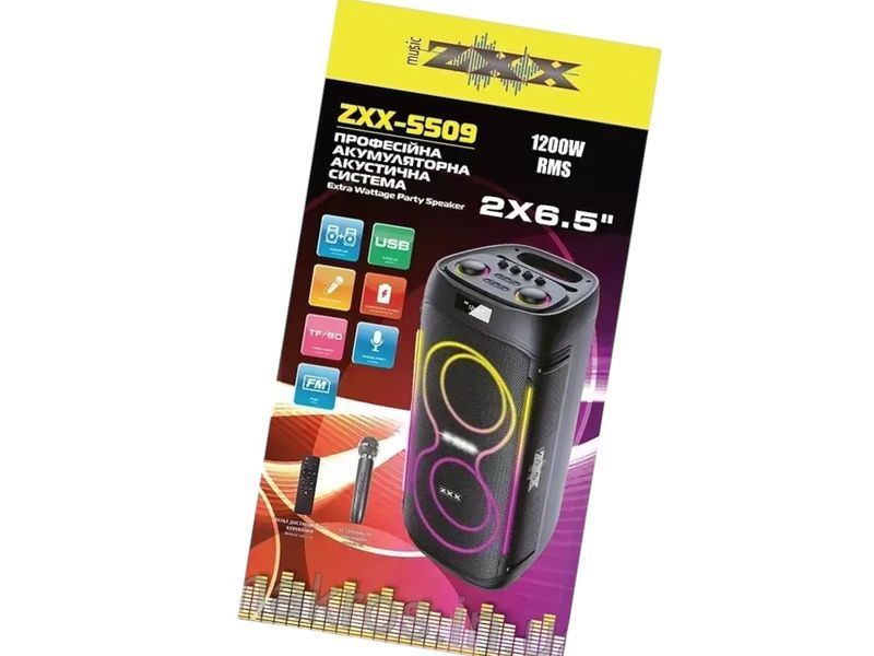 Акустична переносна караоке колонка ZXX-5509 120 Вт 2 динаміки 6,5 дюйма TWS FM USB TF Bluetooth LED 111155-5509 фото