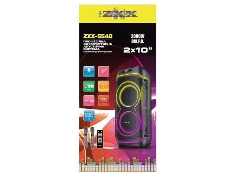 Акустична переносна караоке колонка ZXX-5540 200 Вт 2x10 дюймів з Bluetooth FM USB TF LED 2 мікрофонами та пультом ДК&nbsp; 11140-5540 фото