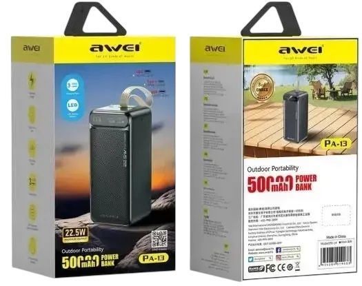 Портативний павербанк AWEI PA-13 50000mAh зі швидкою зарядкою 22.5W та дисплеєм&nbsp;Poer bank 1111213-13 фото