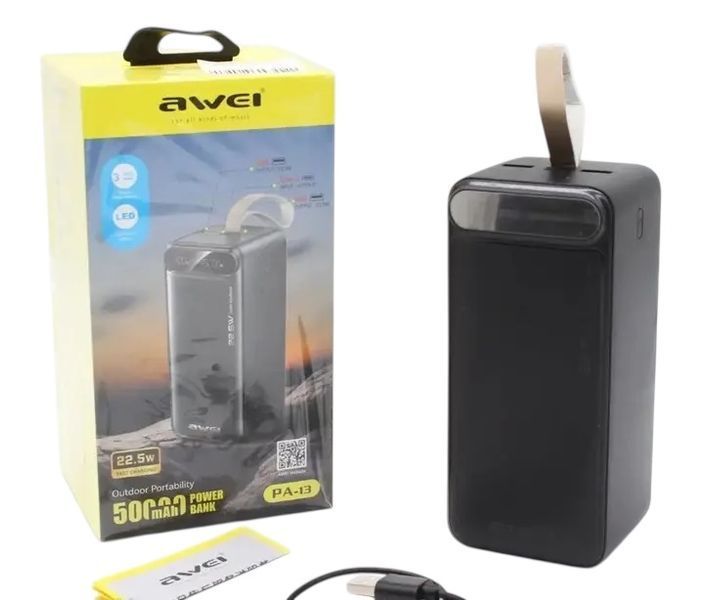 Портативний павербанк AWEI PA-13 50000mAh зі швидкою зарядкою 22.5W та дисплеєм&nbsp;Poer bank 1111213-13 фото
