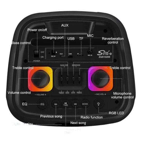 Акустична система караоке колонка 2х10" з RGB підсвічуванням, двома мікрофонами та пультом ДУ ZQS10209 11119-10209 фото