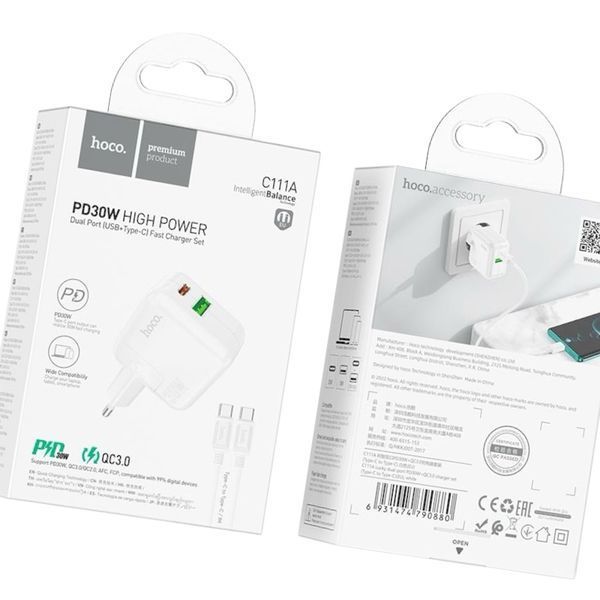Адаптер мережевий HOCO 30w Type-C to Type-C Cable Lucky dual-port charger set C111A |1USB/1Type-C, 30W/3A, PD/QC| 11123-111 фото