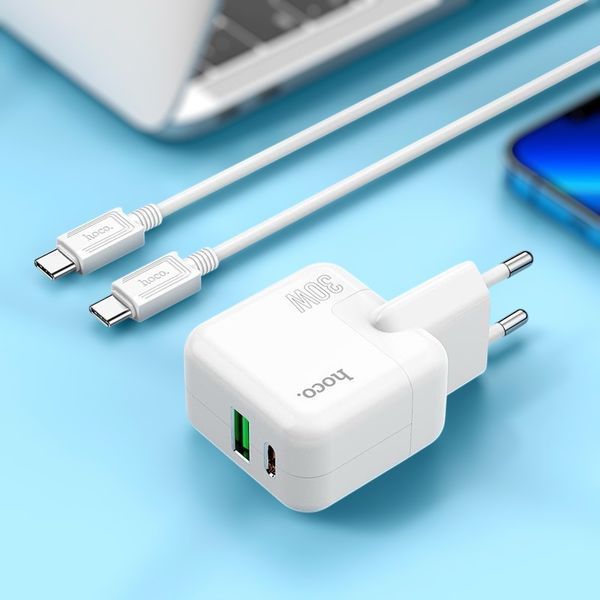 Адаптер мережевий HOCO 30w Type-C to Type-C Cable Lucky dual-port charger set C111A |1USB/1Type-C, 30W/3A, PD/QC| 11123-111 фото