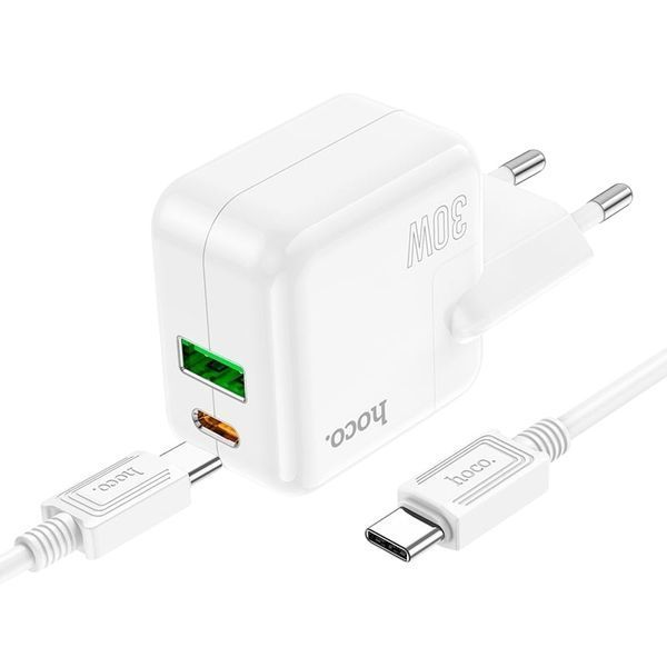 Адаптер мережевий HOCO 30w Type-C to Type-C Cable Lucky dual-port charger set C111A |1USB/1Type-C, 30W/3A, PD/QC| 11123-111 фото