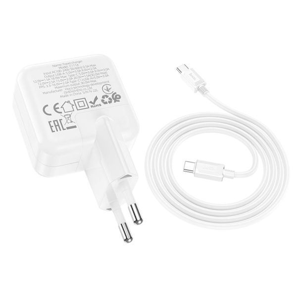 Адаптер мережевий HOCO 30w Type-C to Type-C Cable Lucky dual-port charger set C111A |1USB/1Type-C, 30W/3A, PD/QC| 11123-111 фото