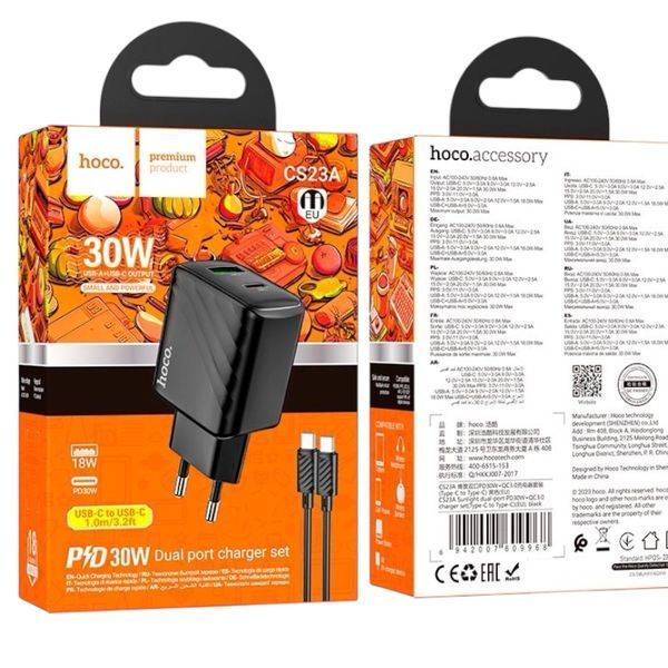 Адаптер мережевий 30w HOCO Type-C to Type-C cable Sunlight dual-port charger CS23A |1USB/1Type-C, 30W/3A, PD/QC| 11123-23 фото