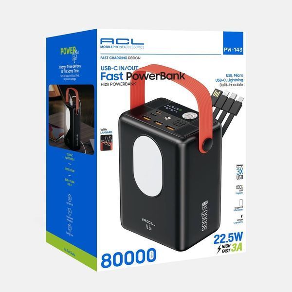 Повербанк 80000 mAh ACL зі швидким заряджанням 22.5W Потужний Powerbank 80000 Power Bank Павербанк із кабелем і ліхтариком 1114-А143 фото